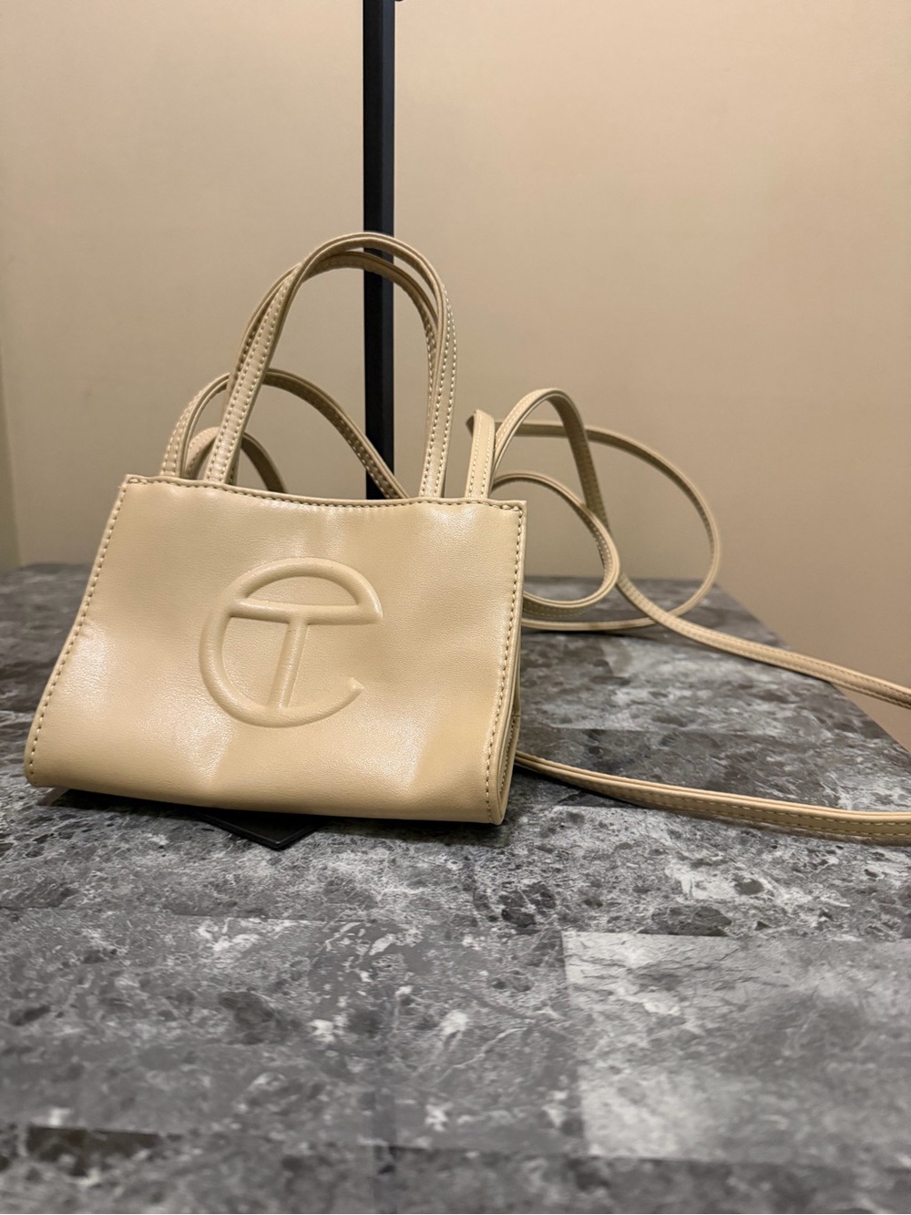 Telfar Small Cream Crossbody Tote with Embossed Logo - Picture 3 of 6
